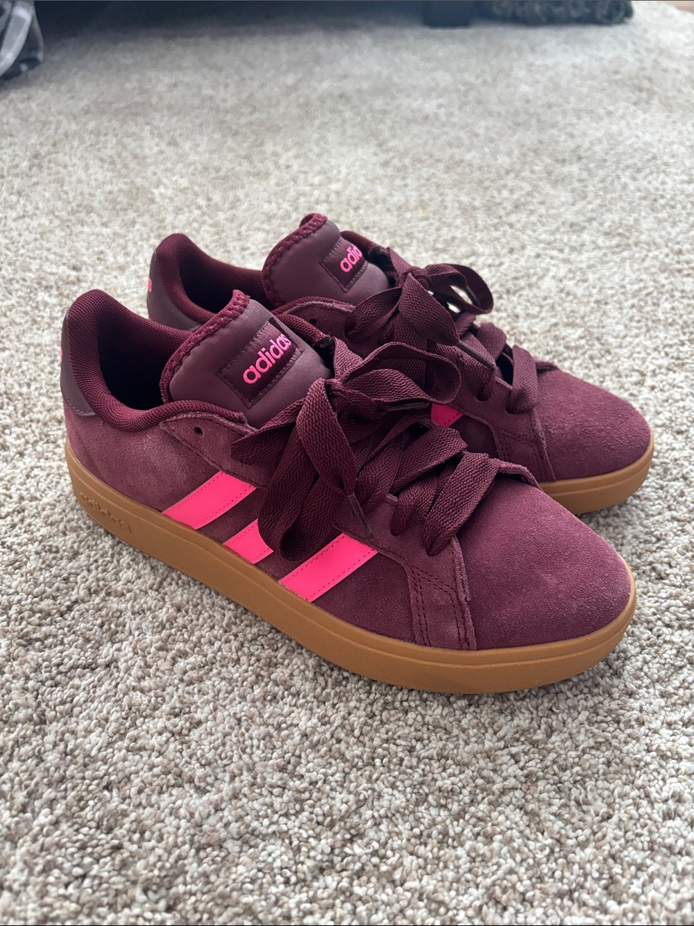 adidas Women’s Burgundy Suede Sneakers with Hot Pink Stripes